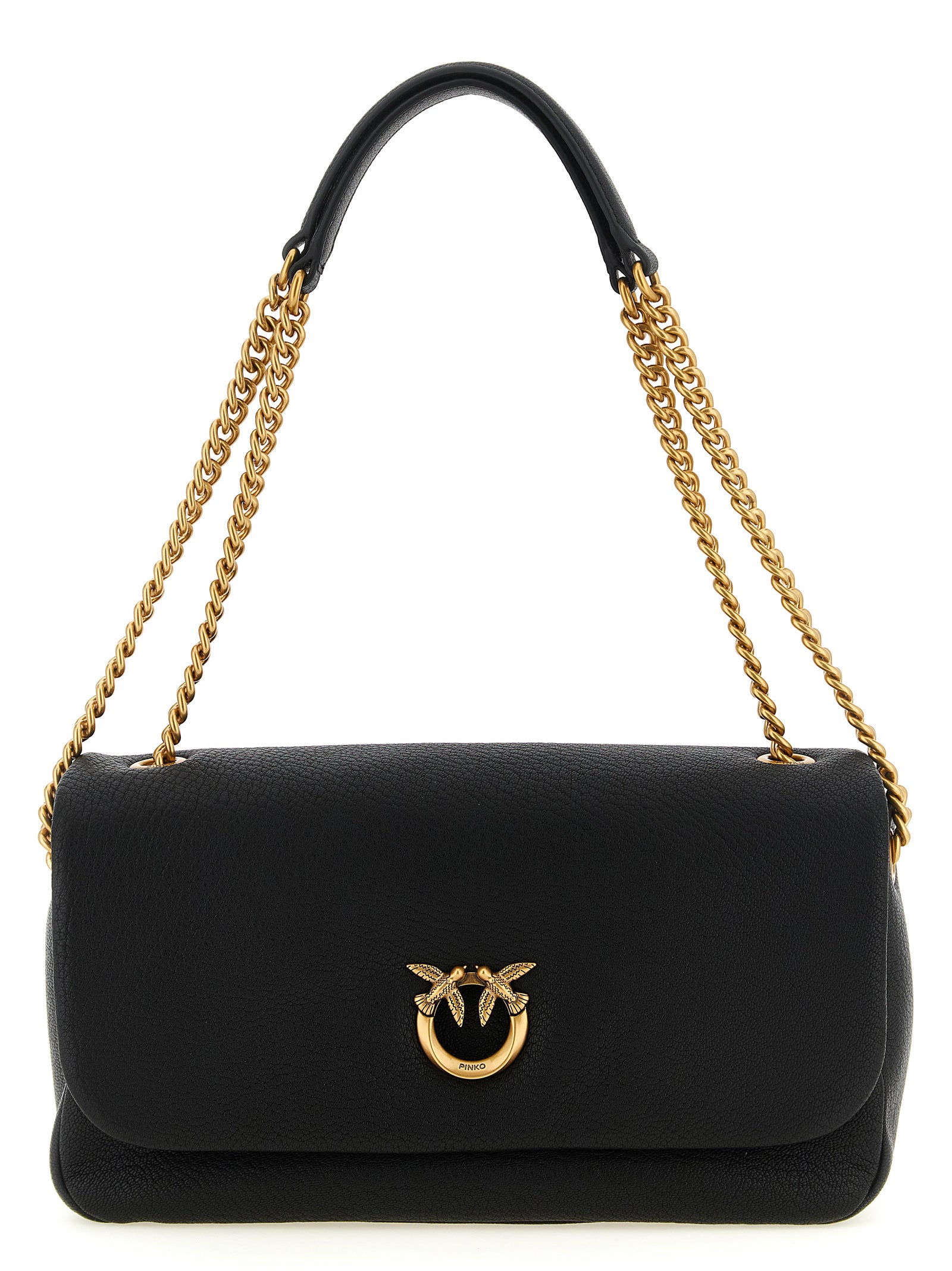 Shoulder Bag by PINKO for women in lamb leather black & gold features a effortless sophistication silhouette, secured by a zipper & buckle with ample and versatile shoulder-strap for a effortless sophistication finish.