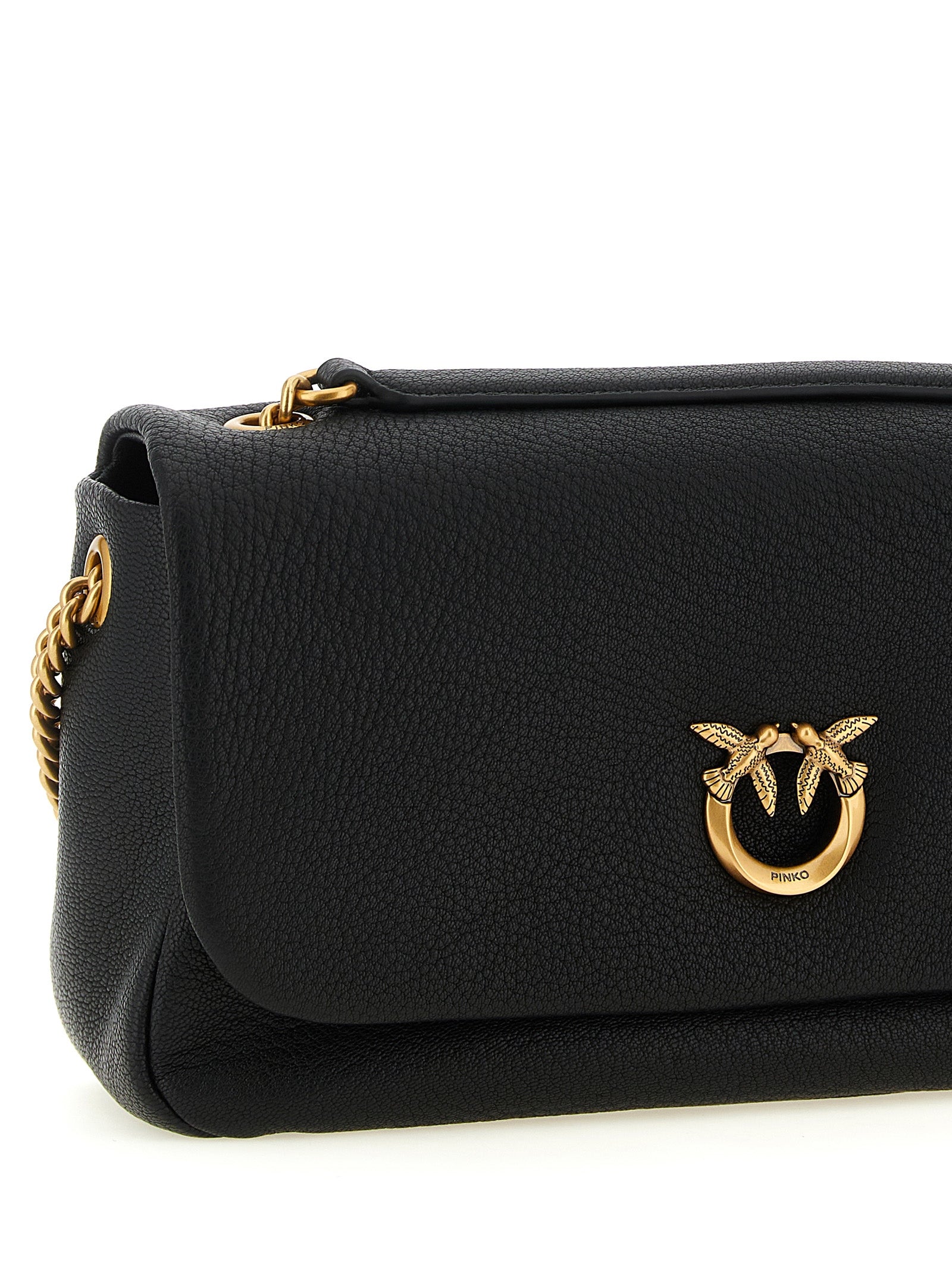 Shoulder Bag by PINKO for women in lamb leather black & gold features an effortlessly chic silhouette with a secure zipper & buckle, ample , and versatile shoulder-strap for effortlessly chic everyday luxury.