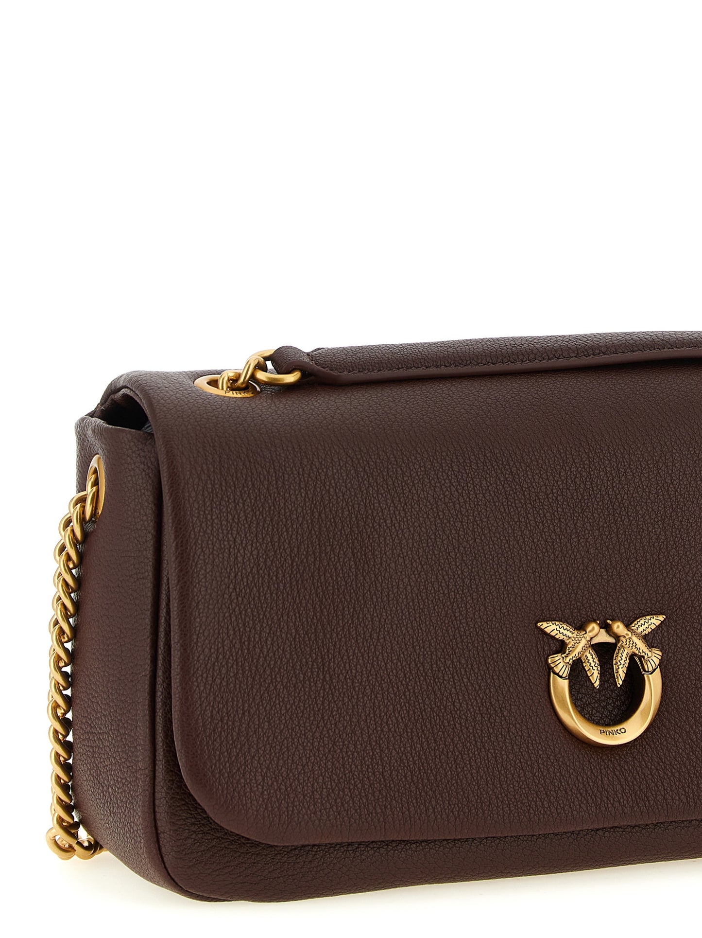 Shoulder Bag by PINKO for women in polyester brown & gold presents a statuesque silhouette, showcasing a secure zipper & buckle and statuesque with versatile shoulder-strap for a sophisticated look.