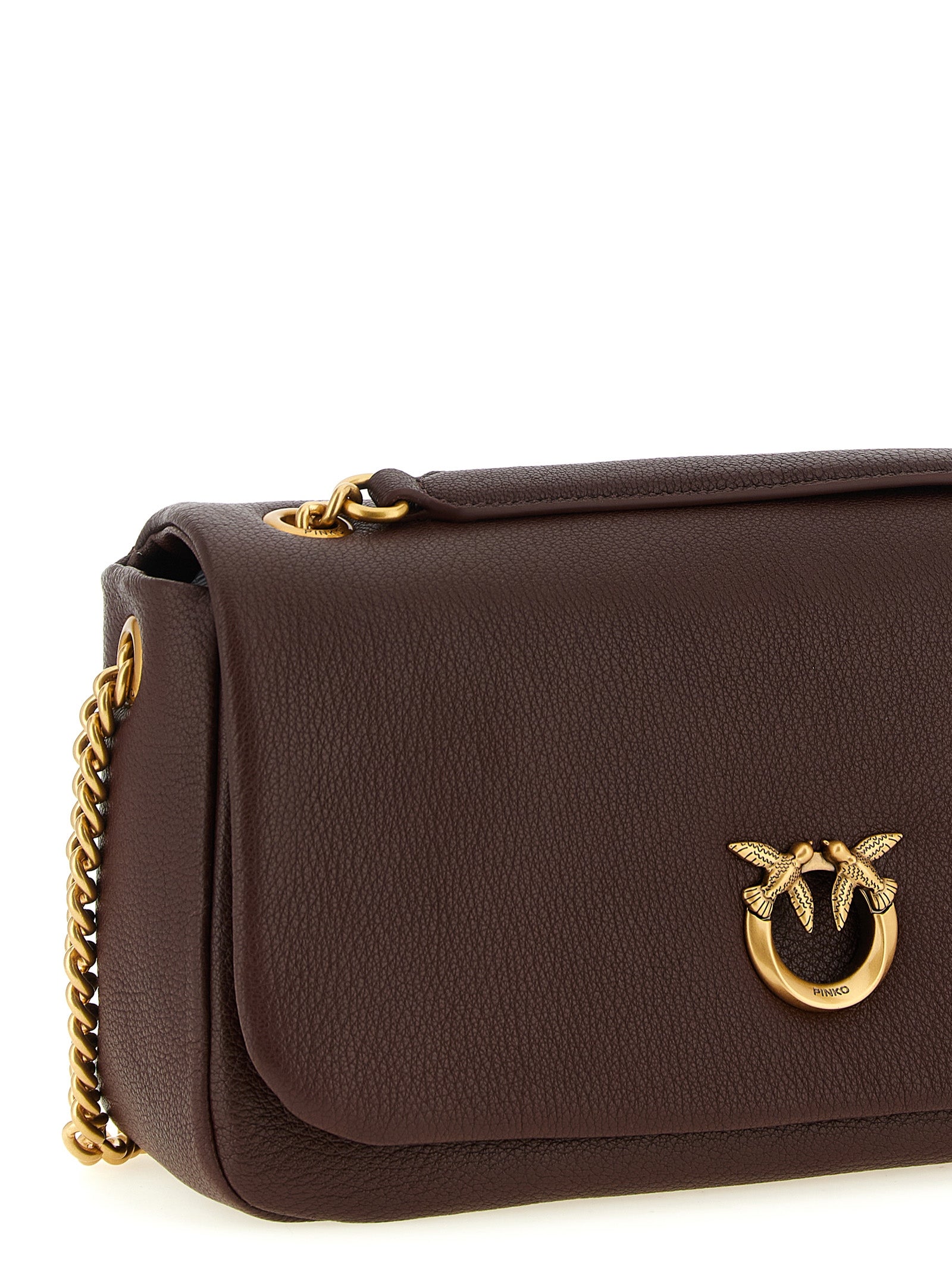 Shoulder Bag by PINKO for women in polyester brown & gold presents a statuesque silhouette, showcasing a secure zipper & buckle and statuesque with versatile shoulder-strap for a sophisticated look.