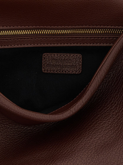 Shoulder Bag by PINKO for women in polyester brown & gold showcases a statuesque silhouette, artfully detailed with a secure zipper & buckle, organized , and versatile shoulder-strap for a statuesque look.