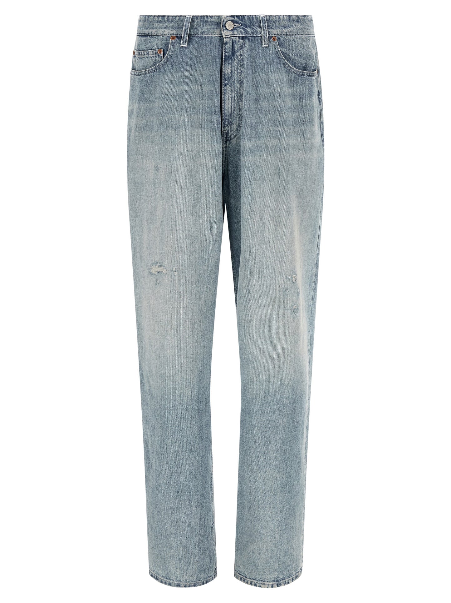 Jeans by MM6 Maison Margiela for men in denim cotton light-blue, white & signature presents a refined pantology silhouette, artfully defined by a refined pantology straight-leg & relaxed-fit, long, and a sophisticated .