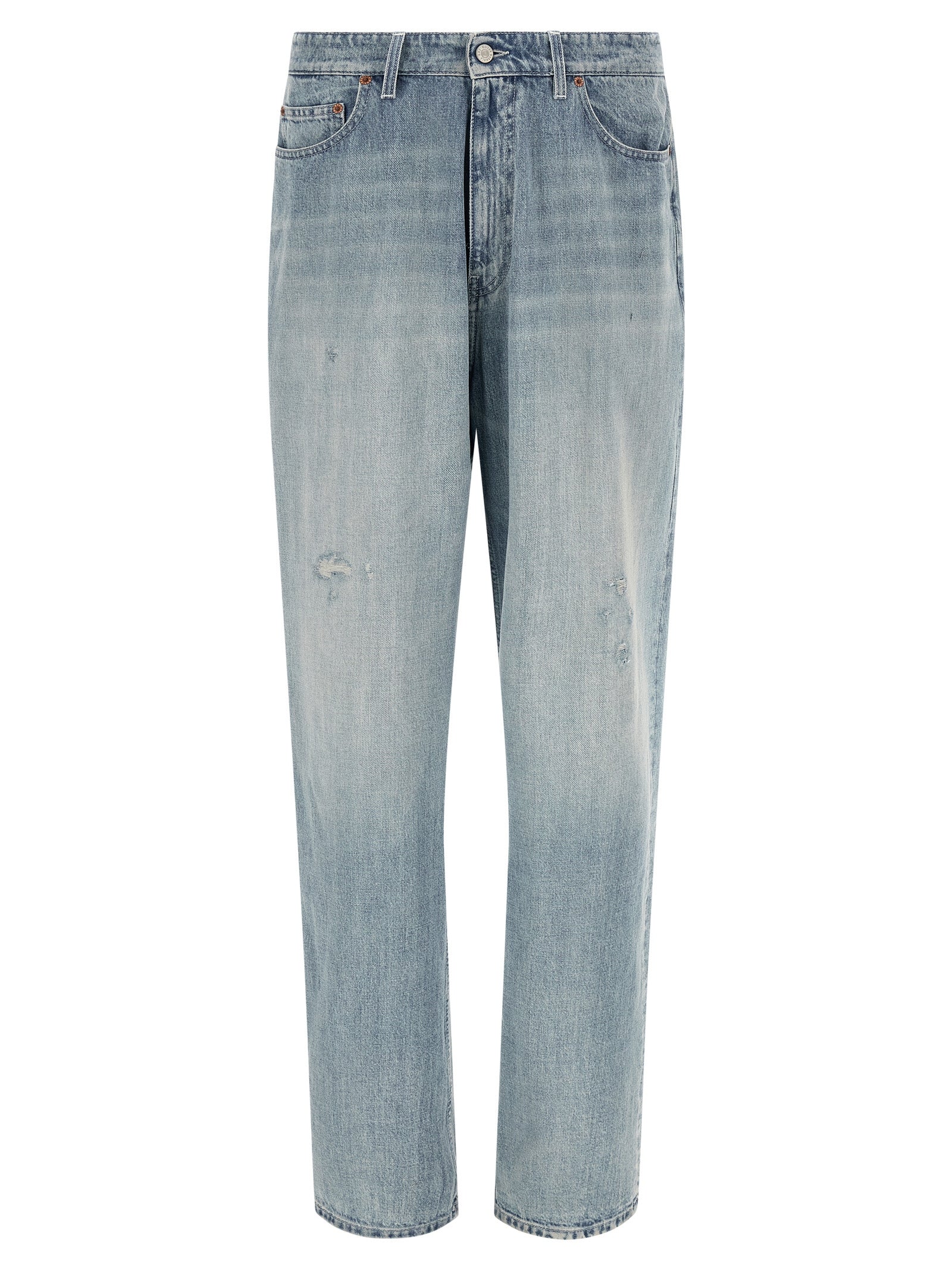 Jeans by MM6 Maison Margiela for men in denim cotton light-blue, white & signature presents a refined pantology silhouette, artfully defined by a refined pantology straight-leg & relaxed-fit, long, and a sophisticated .