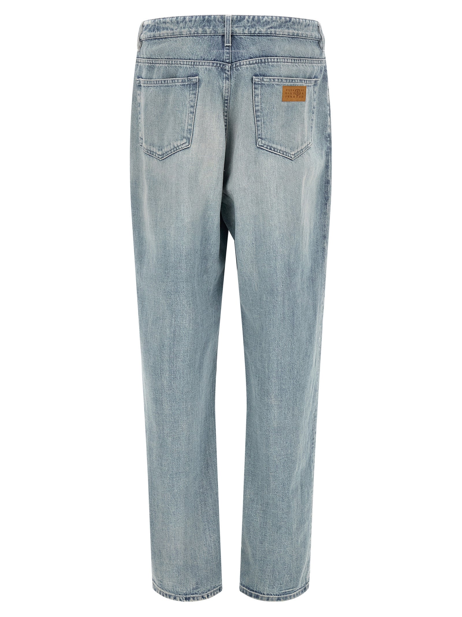 Jeans by MM6 Maison Margiela for men in denim cotton light-blue, white & signature features an sophisticated and straight-leg & relaxed-fit with a precise long, creating a sophisticated and sophisticated silhouette.