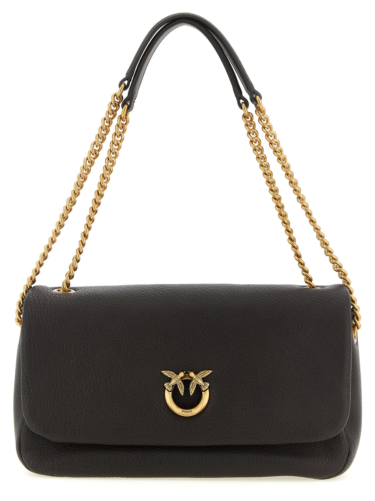 Shoulder Flap Bag by PINKO for women in lamb leather brown & gold showcases a statuesque silhouette, artfully detailed with a secure flap, zipper & buckle, organized , and versatile shoulder-strap for a statuesque look.