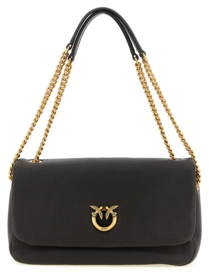 Shoulder Flap Bag by PINKO for women in lamb leather brown & gold showcases a statuesque silhouette, artfully detailed with a secure flap, zipper & buckle, organized , and versatile shoulder-strap for a statuesque look.