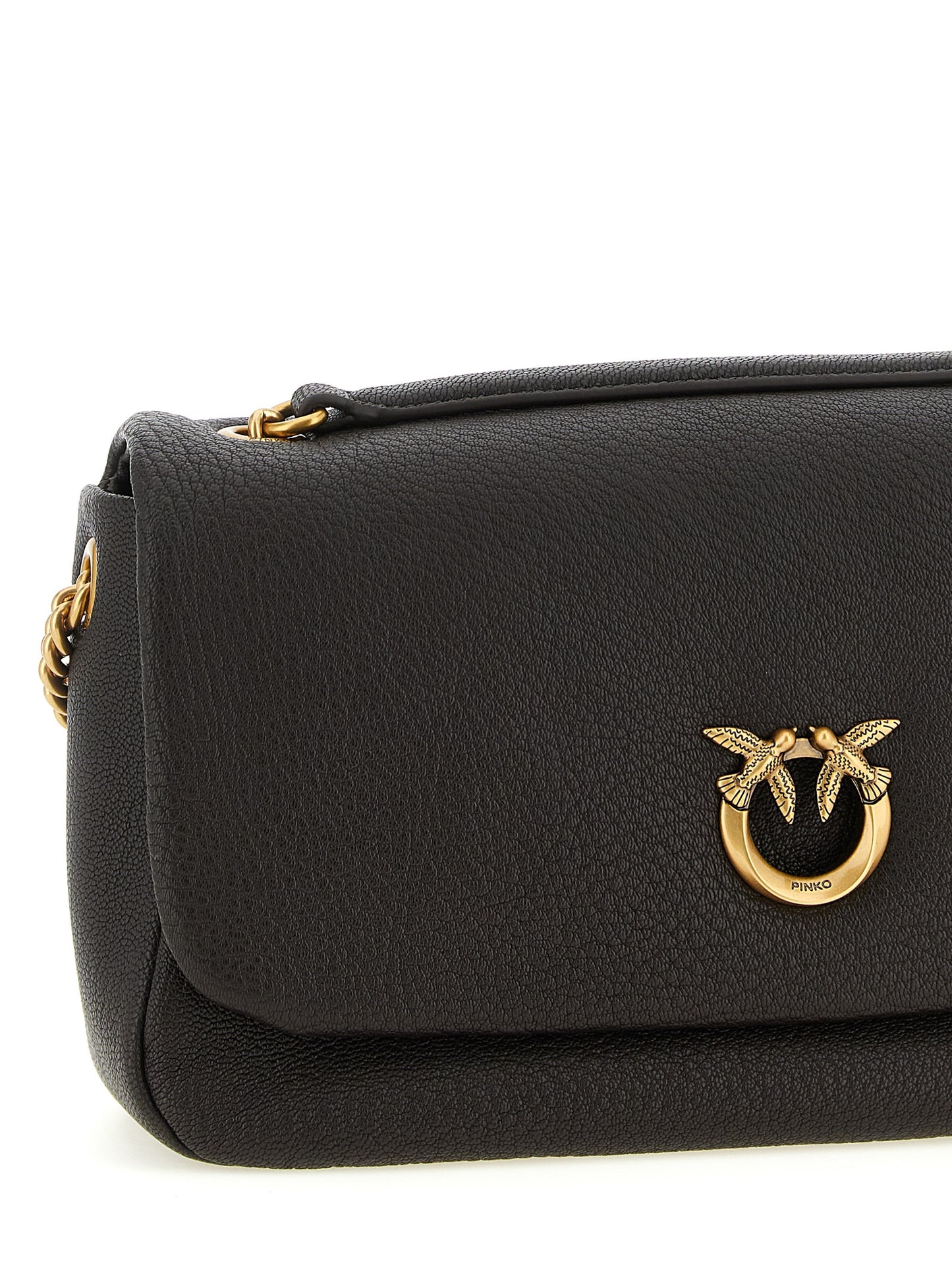 Shoulder Flap Bag by PINKO for women in lamb leather brown & gold presents a statuesque silhouette, showcasing a secure flap, zipper & buckle and statuesque with versatile shoulder-strap for a sophisticated look.
