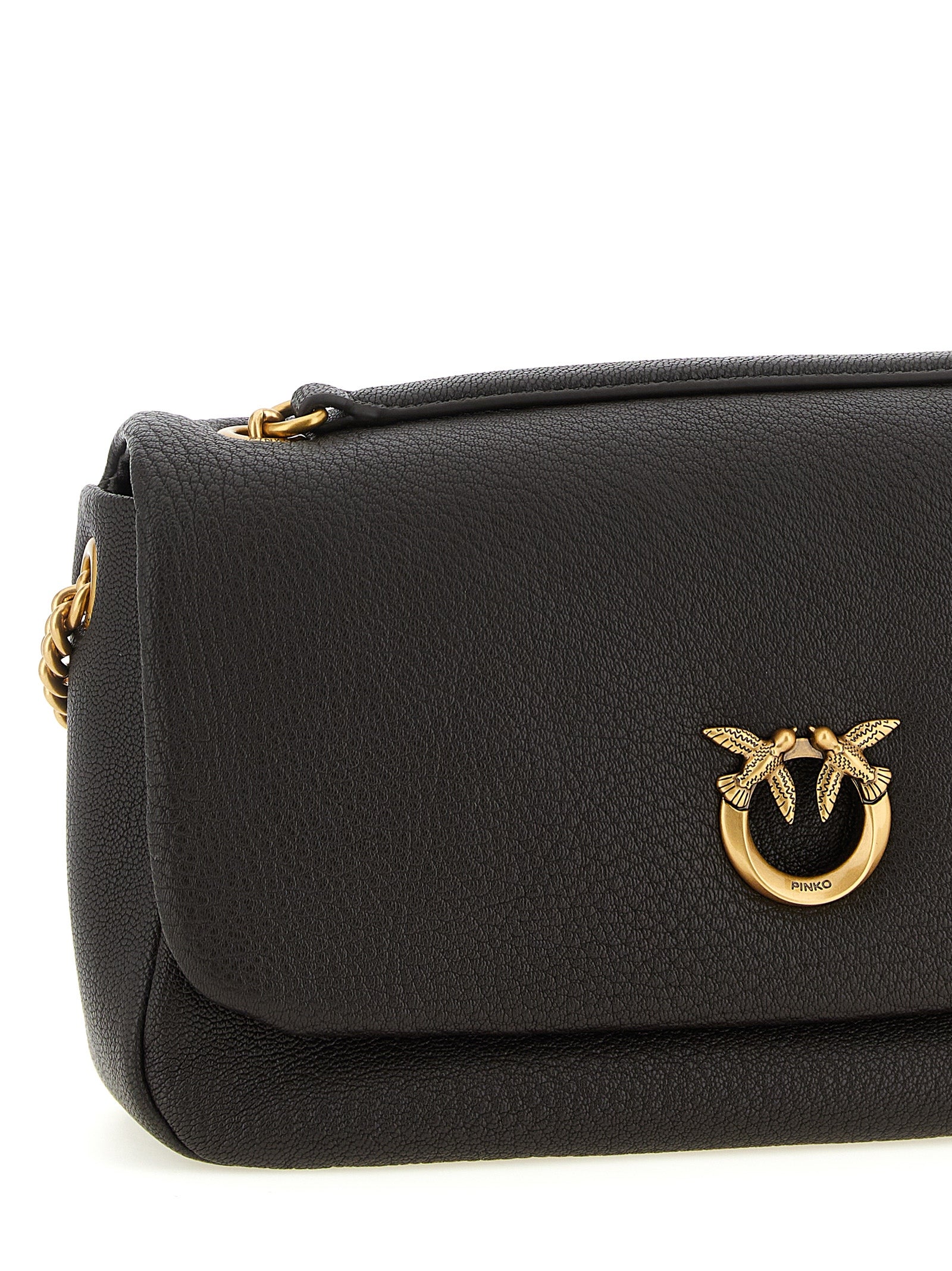 Shoulder Flap Bag by PINKO for women in lamb leather brown & gold presents a statuesque silhouette, showcasing a secure flap, zipper & buckle and statuesque with versatile shoulder-strap for a sophisticated look.