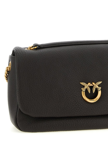 Shoulder Flap Bag by PINKO for women in lamb leather brown & gold presents a statuesque silhouette, showcasing a secure flap, zipper & buckle and statuesque with versatile shoulder-strap for a sophisticated look.
