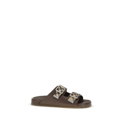 Flat Sandals by Burberry for men in polyamide polyester goatskin & lamb leather beige, brown, sand, jacquard & signature features an exquisite silhouette, showcasing the exquisite Men's Polyamide Polyester Goatskin & Lamb Leather Flat Sandals with a flat and .