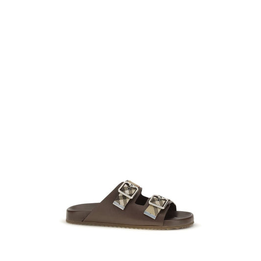 Flat Sandals by Burberry for men in polyamide polyester goatskin & lamb leather beige, brown, sand, jacquard & signature features an exquisite silhouette, showcasing the exquisite Men's Polyamide Polyester Goatskin & Lamb Leather Flat Sandals with a flat and .