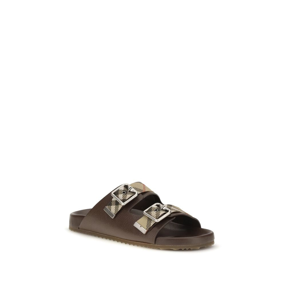 Flat Sandals by Burberry for men in polyamide polyester goatskin & lamb leather beige, brown, sand, jacquard & signature presents a sculptural silhouette, showcasing the Men's Polyamide Polyester Goatskin & Lamb Leather Flat Sandals design with a sculptural flat and for a premium look.