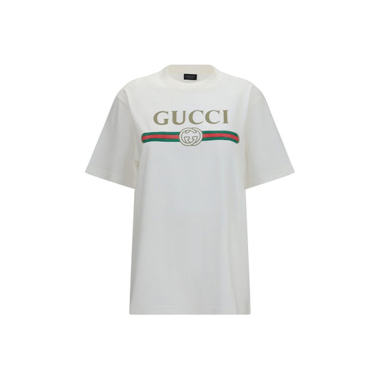 T-Shirt by Gucci for women in cotton & silk white & print showcases a chic silhouette, artfully detailed with a chic crew neckline and short-sleeve for a chic finish.