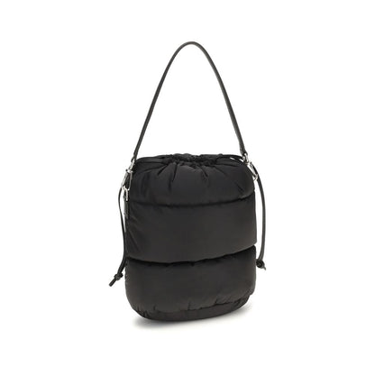 Bucket Handbag by Moncler for women in nylon leather black & signature features a effortlessly chic silhouette, showcasing a secure drawstring and ample with versatile shoulder-strap & handle for a effortlessly chic finish.