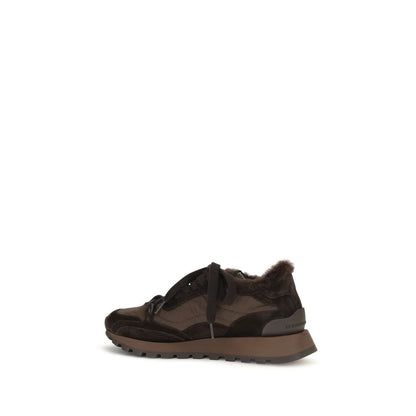 Athletic Sneakers by Brunello Cucinelli for women in tu cotton & bos taurus suede calf leather black & signature showcases a architectural silhouette, artfully capturing the essence of the Monile Women's Athletic TU Cotton & Bos Taurus Suede Calf Leather Sneakers with its signature architectural athletic style construction.