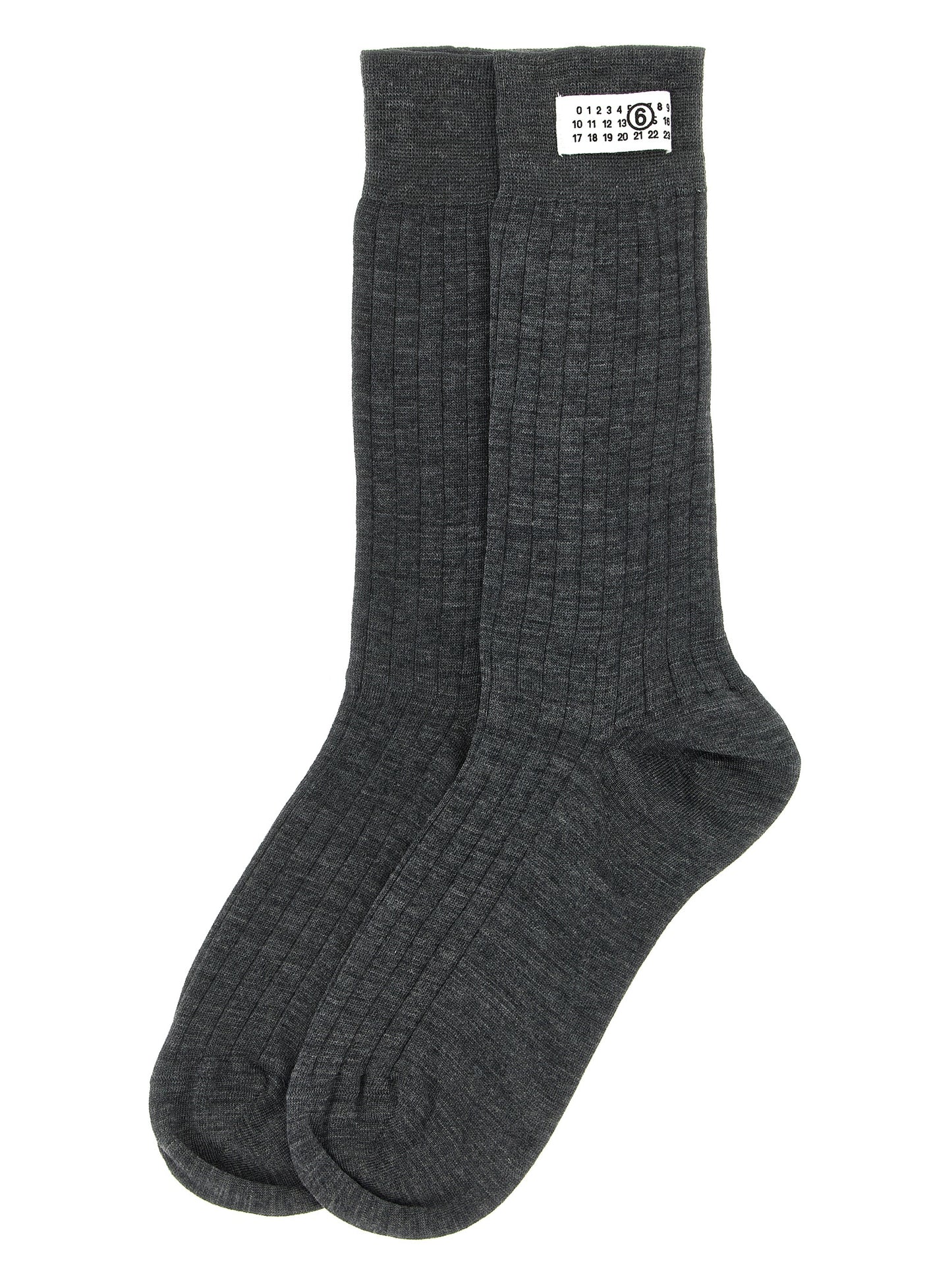 Socks by MM6 Maison Margiela for women in polyamide calf leather & wool gray, white & signature features a snug silhouette, artfully capturing the essence of the snug Women's Polyamide Calf Leather & Wool Socks design for a sophisticated look.