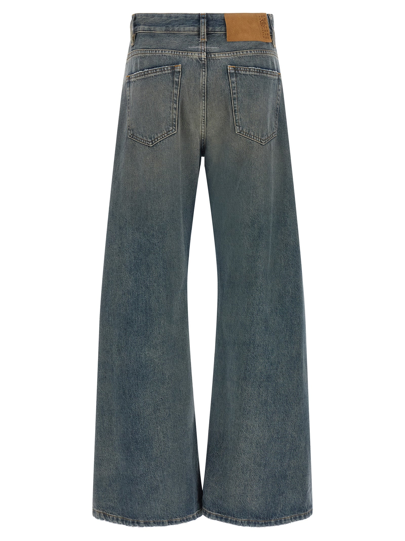 Jeans by MM6 Maison Margiela for women in cotton denim blue, white & signature presents a tailored silhouette, showcasing a tailored wide and long cut with a refined high rise for a truly tailored aesthetic.