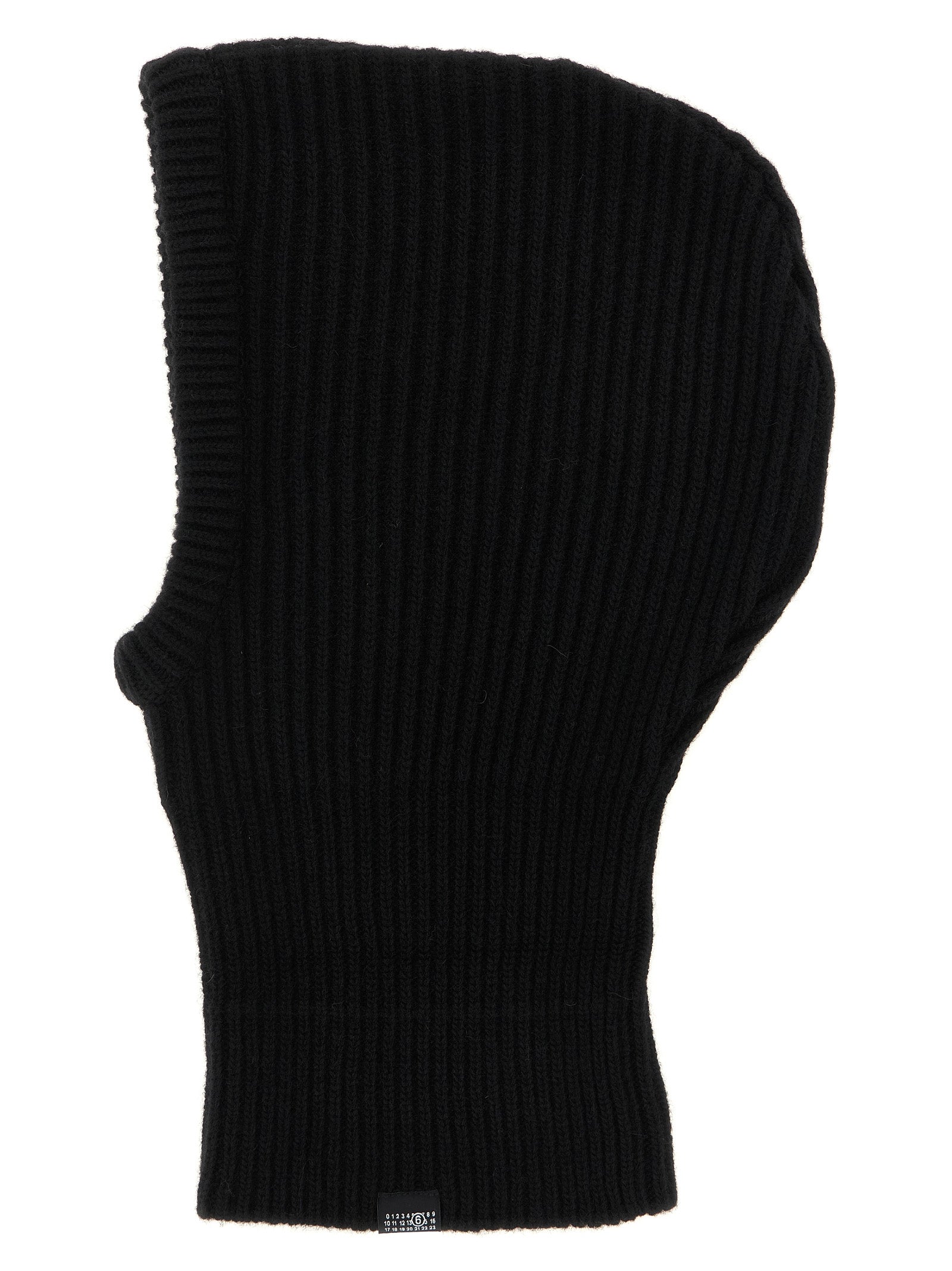 Balaclava by MM6 Maison Margiela for women in polyamide wool black & signature showcases a refined silhouette, artfully capturing the essence of the refined Polyamide Wool Balaclava design for a sophisticated look.