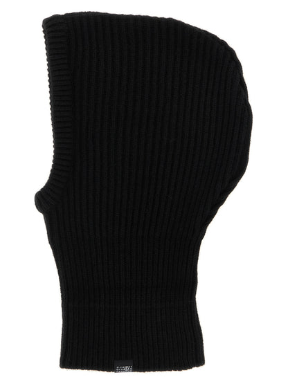Balaclava by MM6 Maison Margiela for women in polyamide wool black & signature showcases a refined silhouette, artfully capturing the essence of the refined Polyamide Wool Balaclava design for a sophisticated look.