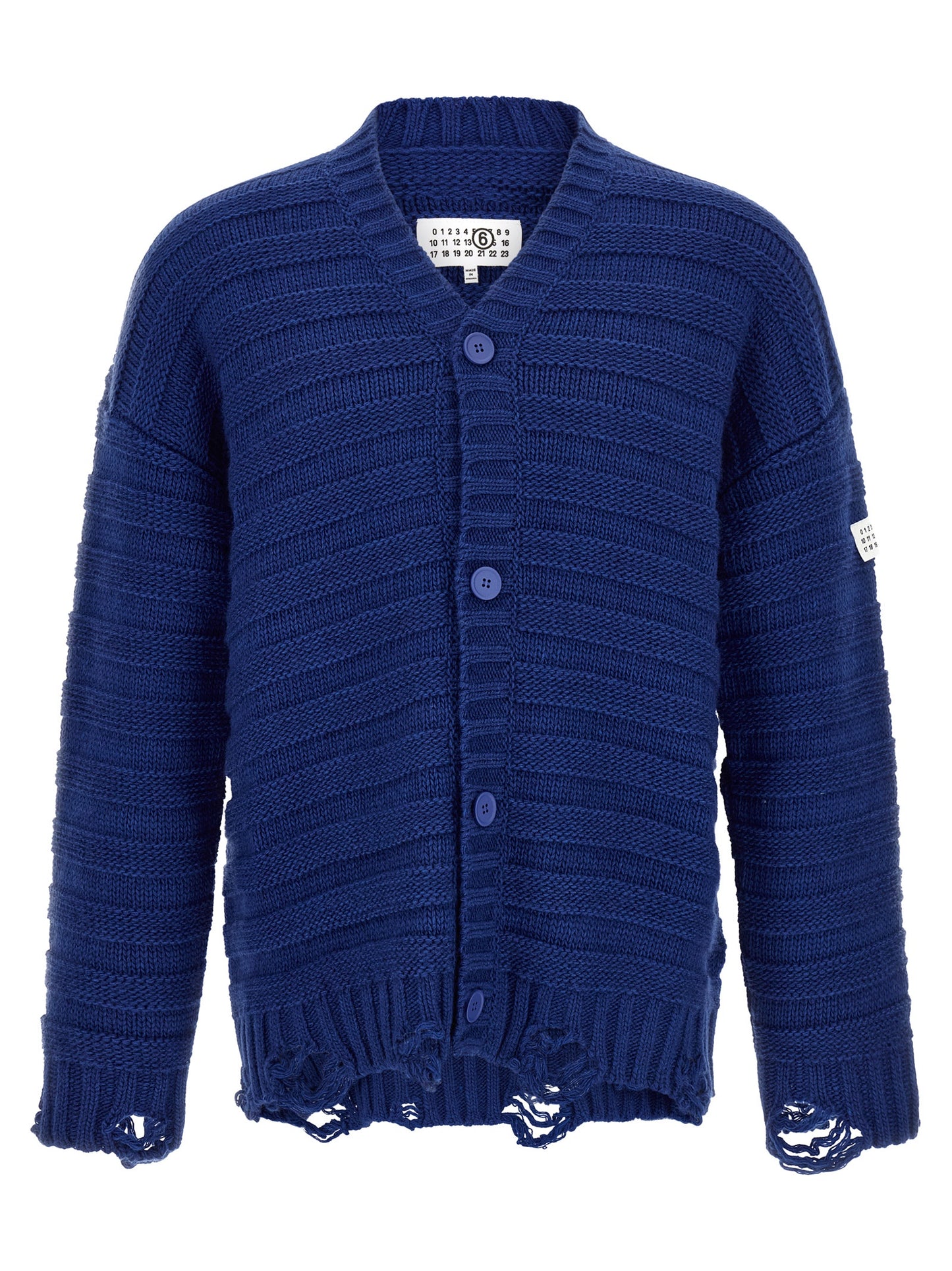 Cardigan by MM6 Maison Margiela for men in acrylic virgin wool blue & signature showcases a luxurious silhouette, meticulously detailed with a sophisticated v-neck neckline and for a refined finish.