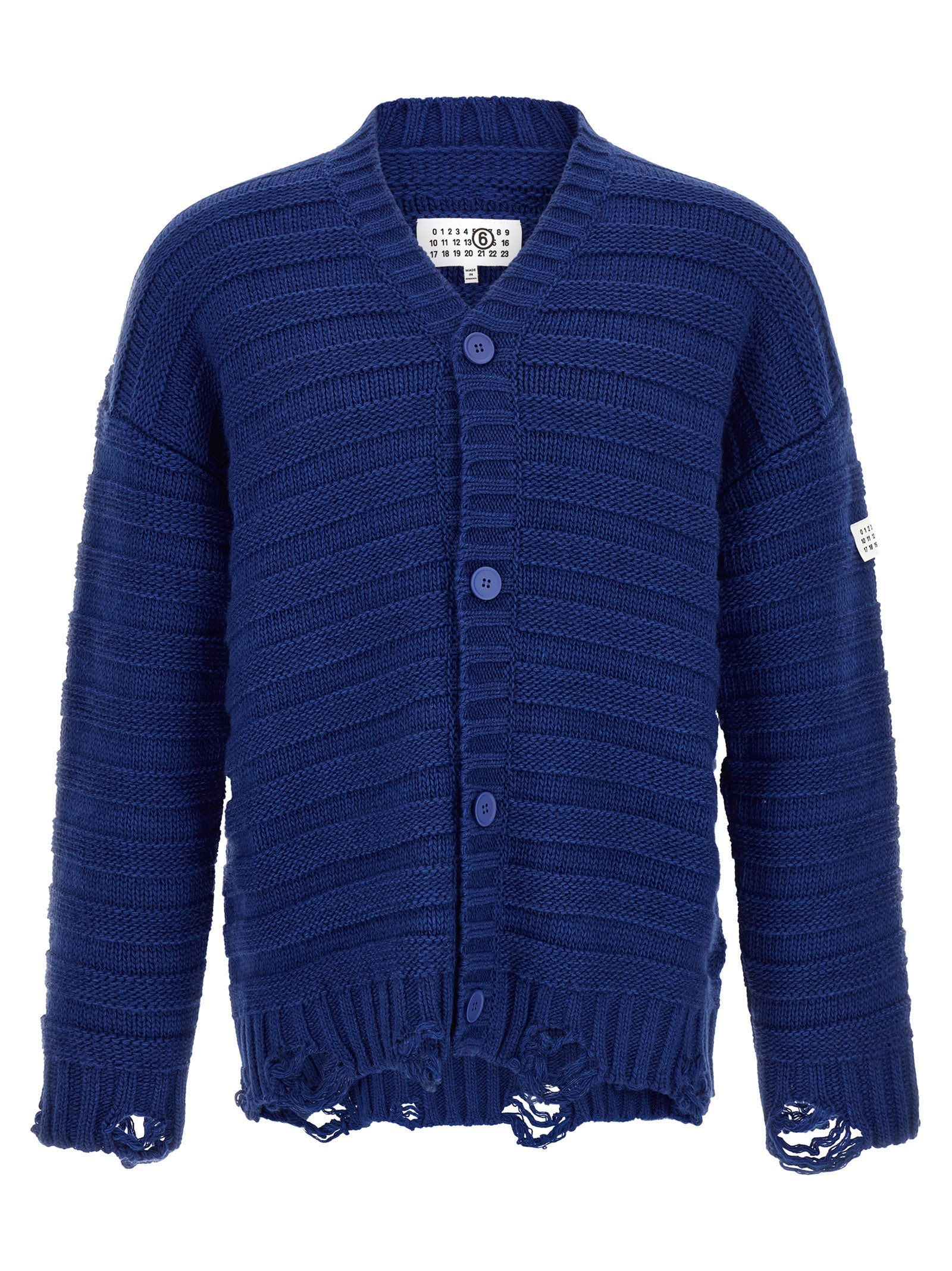 Cardigan by MM6 Maison Margiela for men in acrylic virgin wool blue & signature showcases a luxurious silhouette, meticulously detailed with a sophisticated v-neck neckline and for a refined finish.