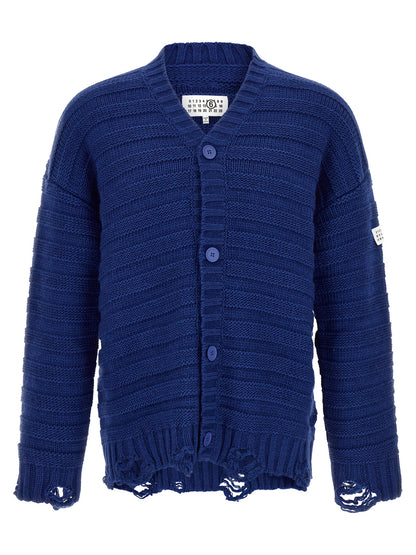Cardigan by MM6 Maison Margiela for men in acrylic virgin wool blue & signature showcases a luxurious silhouette, meticulously detailed with a sophisticated v-neck neckline and for a refined finish.