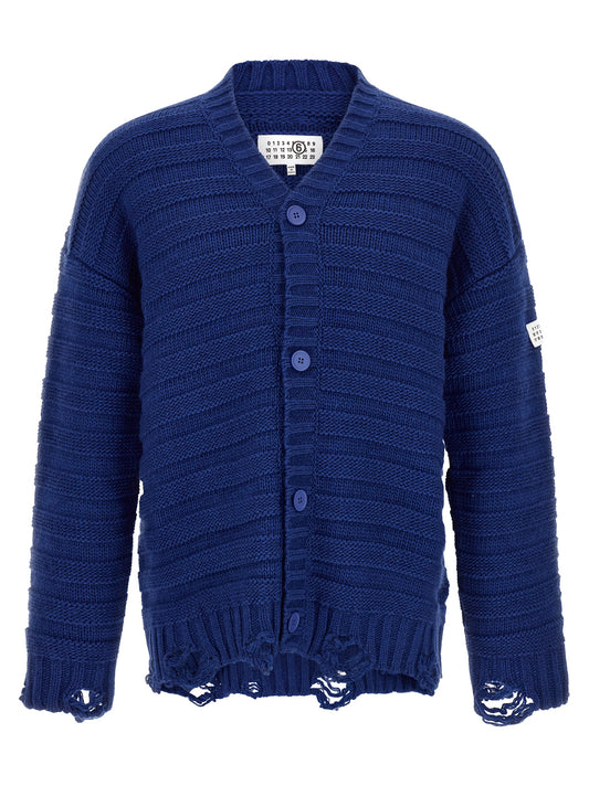 Cardigan by MM6 Maison Margiela for men in acrylic virgin wool blue & signature showcases a luxurious silhouette, meticulously detailed with a sophisticated v-neck neckline and for a refined finish.