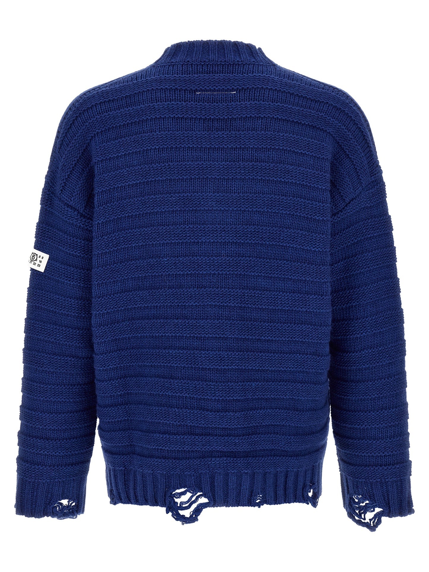 Cardigan by MM6 Maison Margiela for men in acrylic virgin wool blue & signature features an impeccable silhouette, showcasing a sophisticated v-neck neckline and detail for a truly impeccable finish.