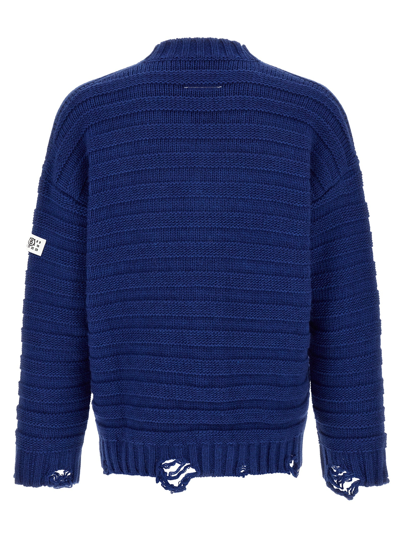 Cardigan by MM6 Maison Margiela for men in acrylic virgin wool blue & signature features an impeccable silhouette, showcasing a sophisticated v-neck neckline and detail for a truly impeccable finish.