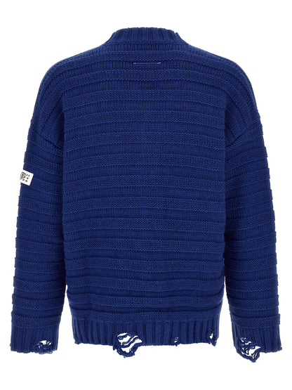 Cardigan by MM6 Maison Margiela for men in acrylic virgin wool blue & signature features an impeccable silhouette, showcasing a sophisticated v-neck neckline and detail for a truly impeccable finish.