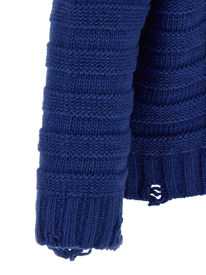 Cardigan by MM6 Maison Margiela for men in acrylic virgin wool blue & signature features a dramatic silhouette, showcasing a sophisticated v-neck neckline and dramatic detail for a timeless, premium look.