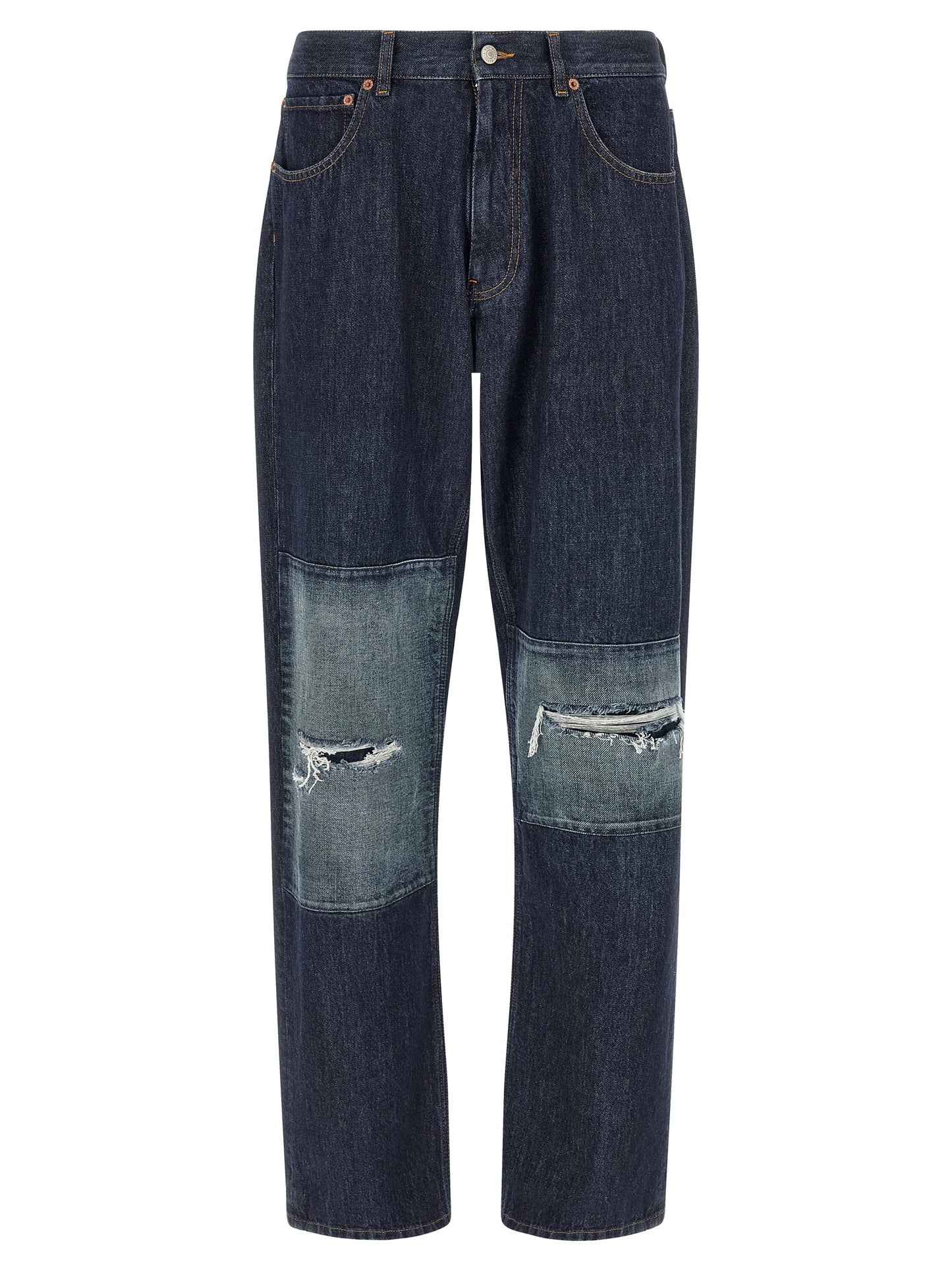 Jeans by MM6 Maison Margiela for men in denim cotton blue, orange, white & patchwork presents a refined pantology silhouette, artfully defined by a refined pantology straight-leg, long, and a sophisticated .