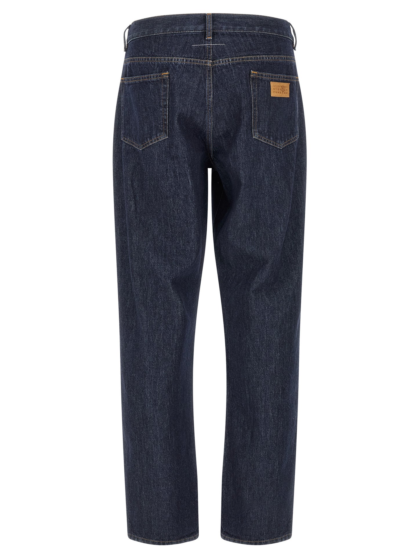 Jeans by MM6 Maison Margiela for men in denim cotton blue, orange, white & patchwork presents a tailored silhouette, showcasing a tailored straight-leg and long cut with a refined for a truly tailored aesthetic.