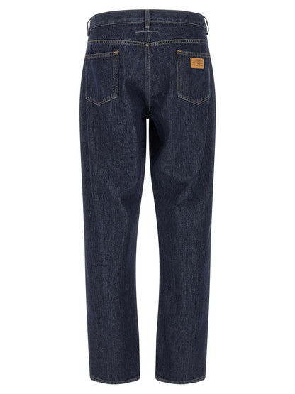 Jeans by MM6 Maison Margiela for men in denim cotton blue, orange, white & patchwork presents a tailored silhouette, showcasing a tailored straight-leg and long cut with a refined for a truly tailored aesthetic.