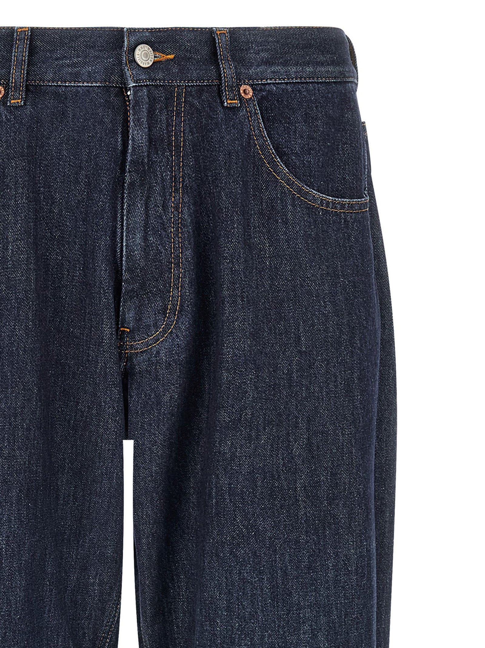 Jeans by MM6 Maison Margiela for men in denim cotton blue, orange, white & patchwork features a refined silhouette with a refined straight-leg, defined by a and a refined long for a refined finish.