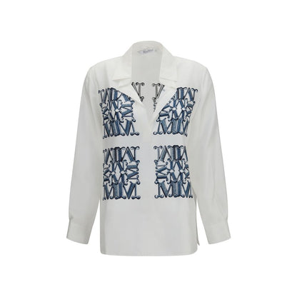 Dress Shirt by Max Mara for women in silk twill white & print showcases a sharp silhouette, elegantly detailed with a sharp v-neck neckline and sharp long-sleeve.