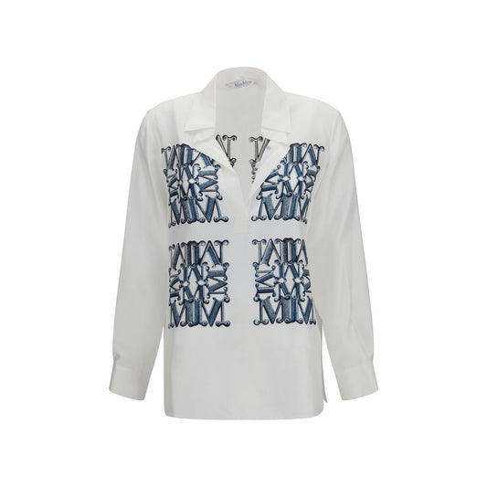 Dress Shirt by Max Mara for women in silk twill white & print showcases a sharp silhouette, elegantly detailed with a sharp v-neck neckline and sharp long-sleeve.