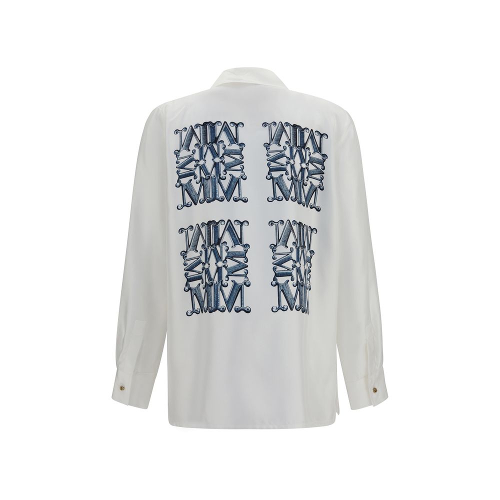 Dress Shirt by Max Mara for women in silk twill white & print showcases a sublime silhouette, artfully detailed with a sublime v-neck neckline and for a sophisticated, sublime finish.