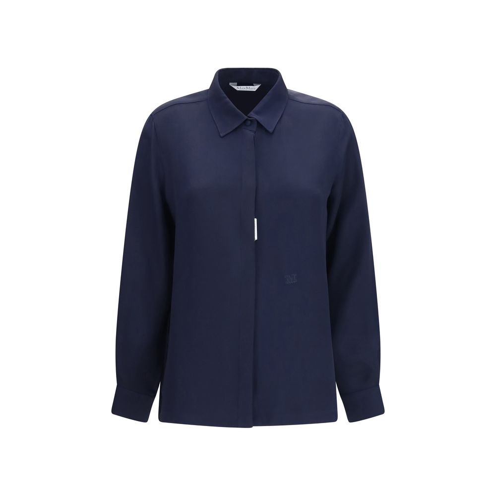 Shirt by Max Mara for women in silk crepe blue & monogram features an polished silhouette, showcasing a sophisticated shirt-collar neckline and detail for a truly polished finish.
