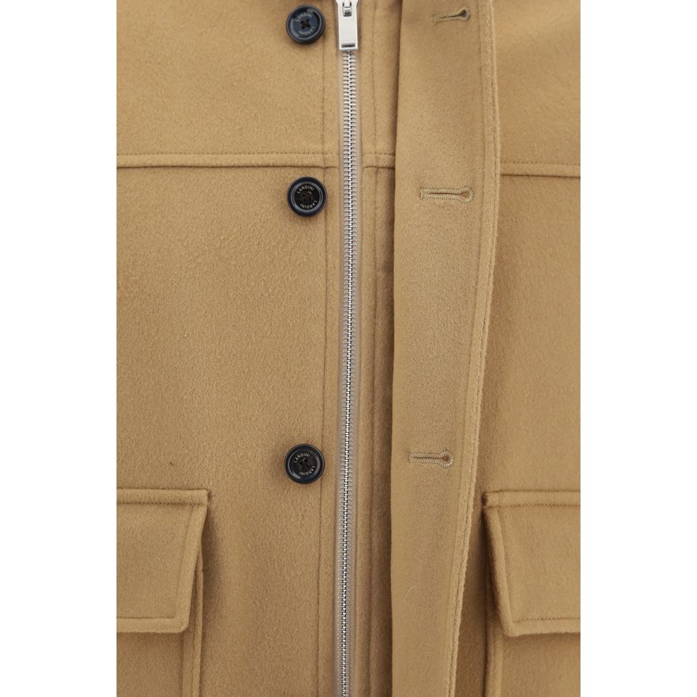 Overcoat by Lardini for men in merino wool & capra leather beige & signature presents a luxurious silhouette, showcasing a luxurious and sophisticated pockets for a premium, luxurious look.