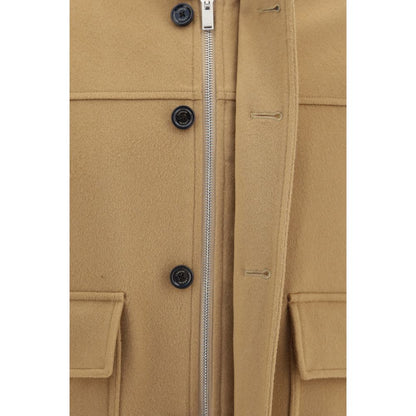 Overcoat by Lardini for men in merino wool & capra leather beige & signature presents a luxurious silhouette, showcasing a luxurious and sophisticated pockets for a premium, luxurious look.