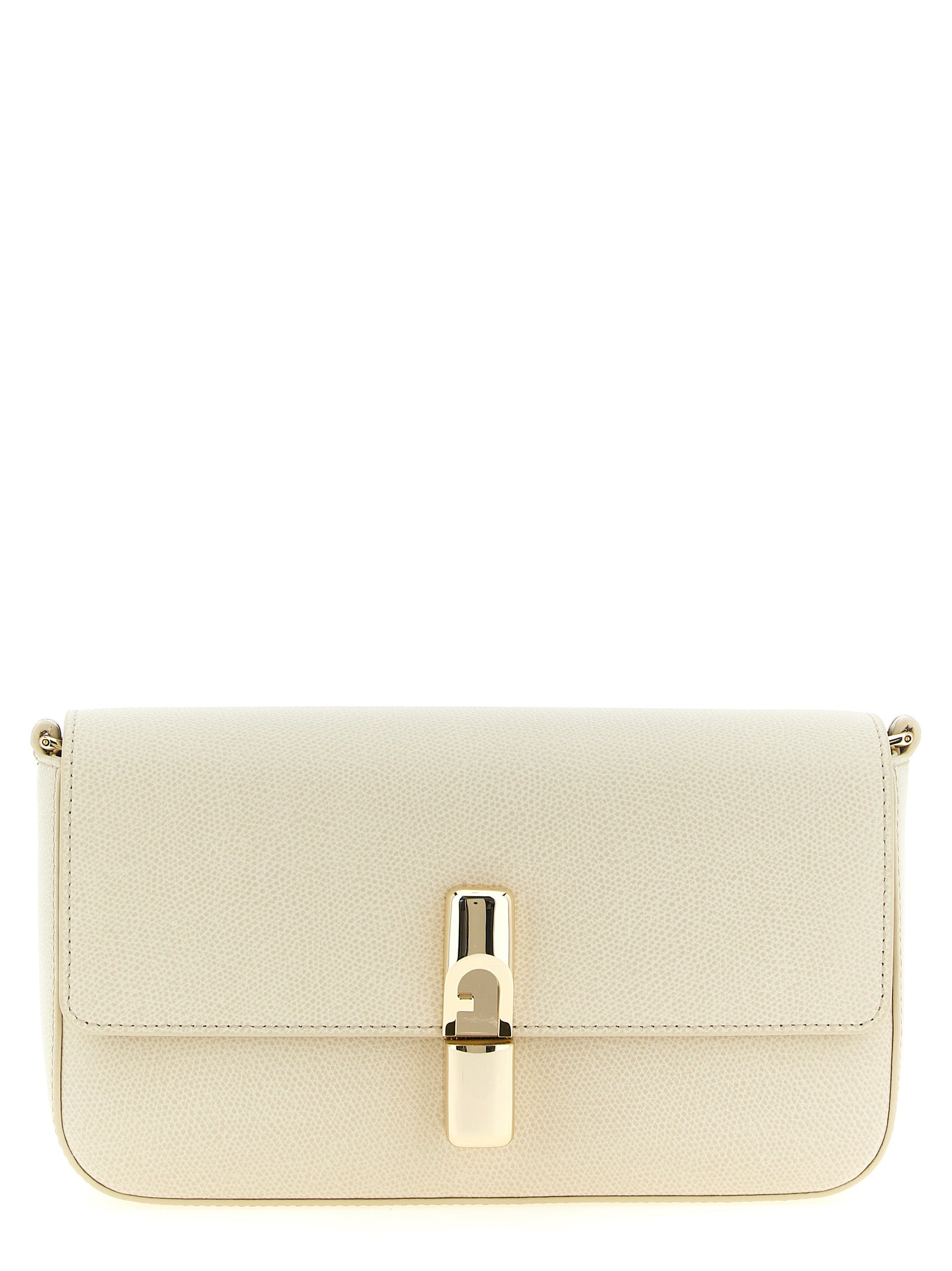 Compact Crossbody Handbag by Furla for women in bos taurus calfskin leather cream, gold & white features an multi-faceted design with a secure snap & zipper, ample , and versatile crossbody-strap, shoulder-strap & adjustable-strap for a multi-faceted finish.