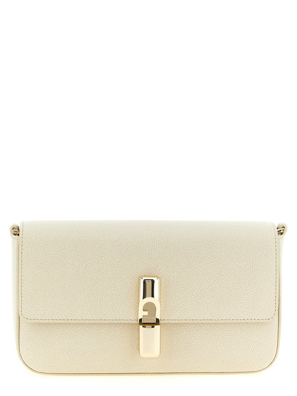Compact Crossbody Handbag by Furla for women in bos taurus calfskin leather cream, gold & white features an multi-faceted design with a secure snap & zipper, ample , and versatile crossbody-strap, shoulder-strap & adjustable-strap for a multi-faceted finish.