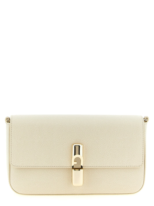 Compact Crossbody Handbag by Furla for women in bos taurus calfskin leather cream, gold & white features an multi-faceted design with a secure snap & zipper, ample , and versatile crossbody-strap, shoulder-strap & adjustable-strap for a multi-faceted finish.