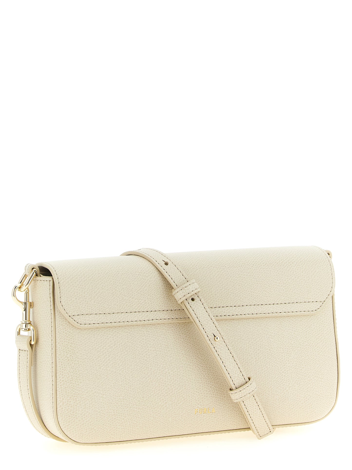 Compact Crossbody Handbag by Furla for women in bos taurus calfskin leather cream, gold & white features a transformative elegance silhouette, showcasing a secure snap & zipper, organized , and versatile crossbody-strap, shoulder-strap & adjustable-strap for a transformative elegance look.