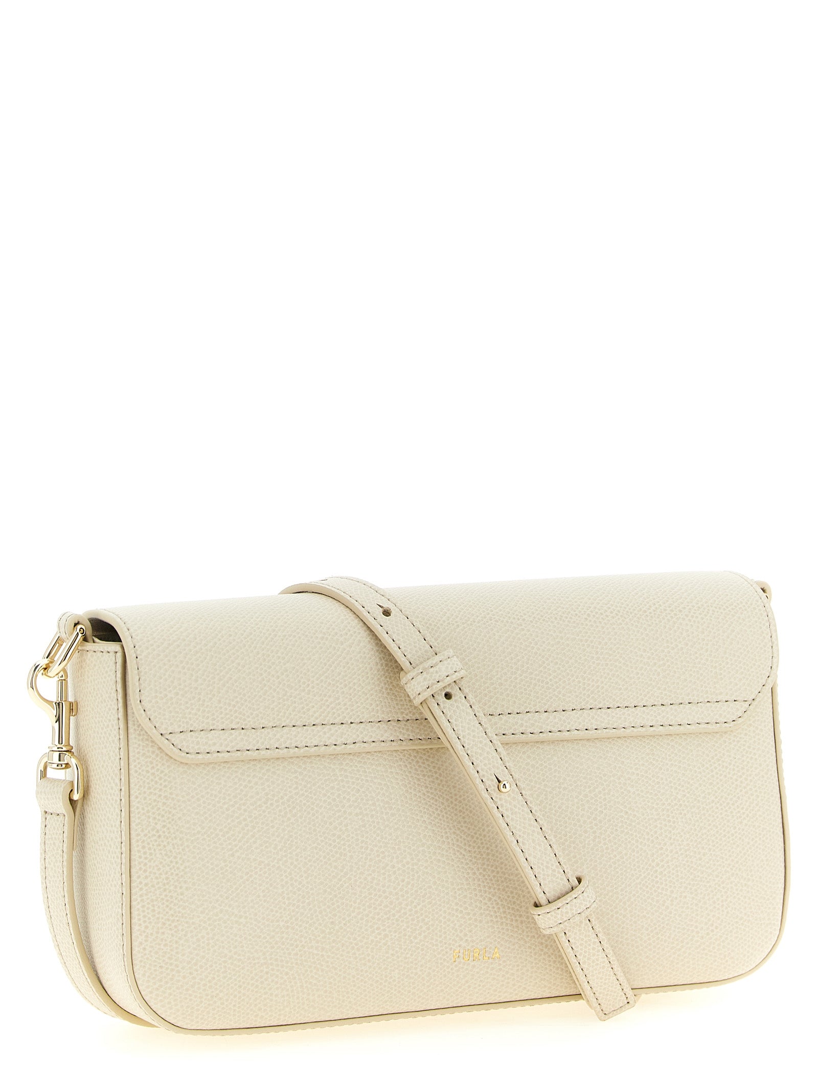 Compact Crossbody Handbag by Furla for women in bos taurus calfskin leather cream, gold & white features a transformative elegance silhouette, showcasing a secure snap & zipper, organized , and versatile crossbody-strap, shoulder-strap & adjustable-strap for a transformative elegance look.