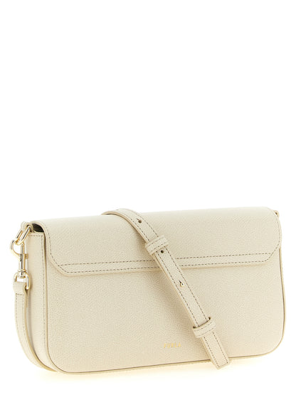 Compact Crossbody Handbag by Furla for women in bos taurus calfskin leather cream, gold & white features a transformative elegance silhouette, showcasing a secure snap & zipper, organized , and versatile crossbody-strap, shoulder-strap & adjustable-strap for a transformative elegance look.