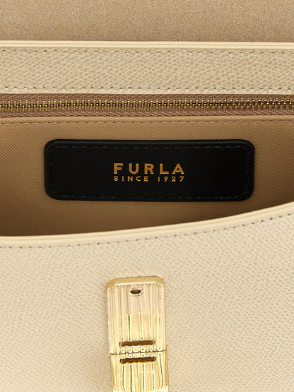 Compact Crossbody Handbag by Furla for women in bos taurus calfskin leather cream, gold & white features a transformative sophistication silhouette, showcasing a secure snap & zipper, ample , and versatile crossbody-strap, shoulder-strap & adjustable-strap for a transformative sophistication look.