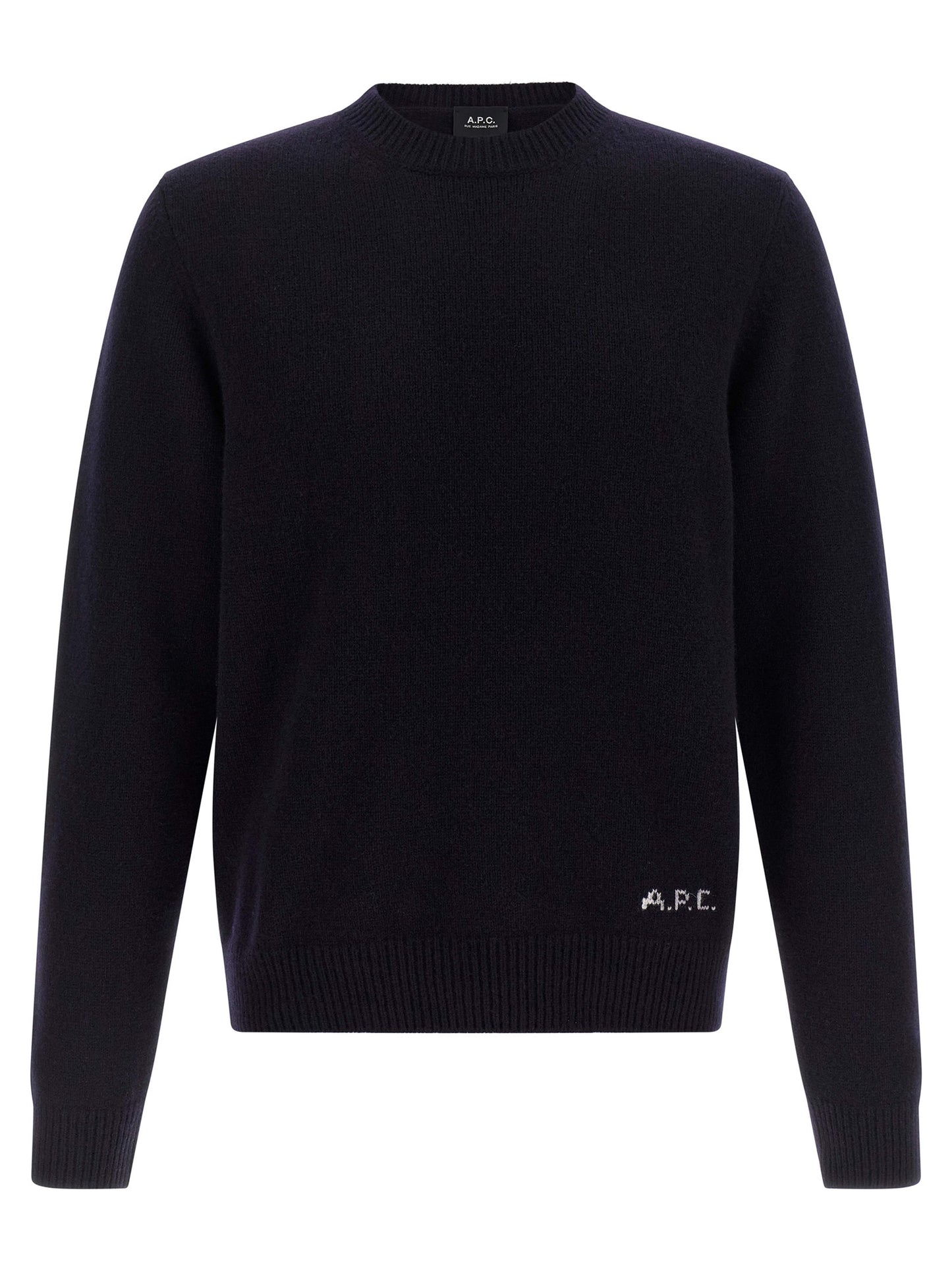 Cardigan by A.P.C. for men in wool navy & jacquard features a dramatic silhouette, showcasing a sophisticated and dramatic detail for a timeless, premium look.