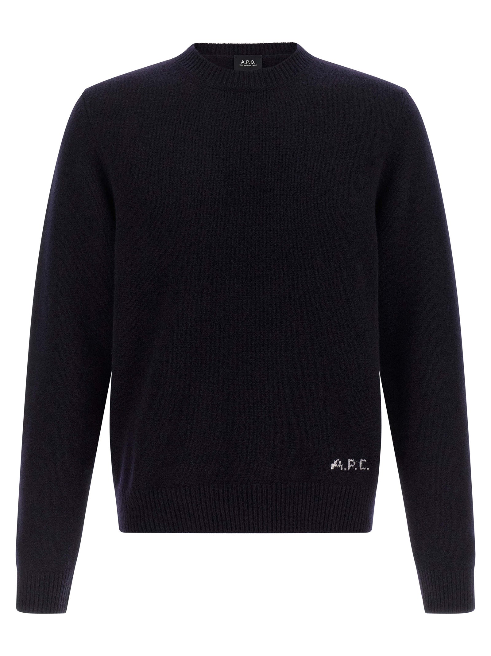 Cardigan by A.P.C. for men in wool navy & jacquard features a dramatic silhouette, showcasing a sophisticated and dramatic detail for a timeless, premium look.